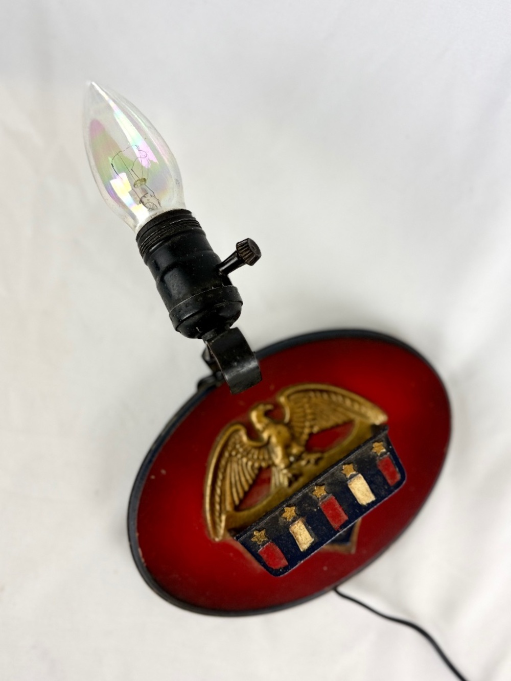 Vintage Early American Iron Eagle Wall Sconce Lamp Oval Wood Plaque Match Holder